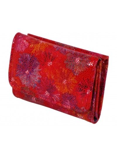 Damski portfel skórzany 1601 czerwony kwiaty RFID